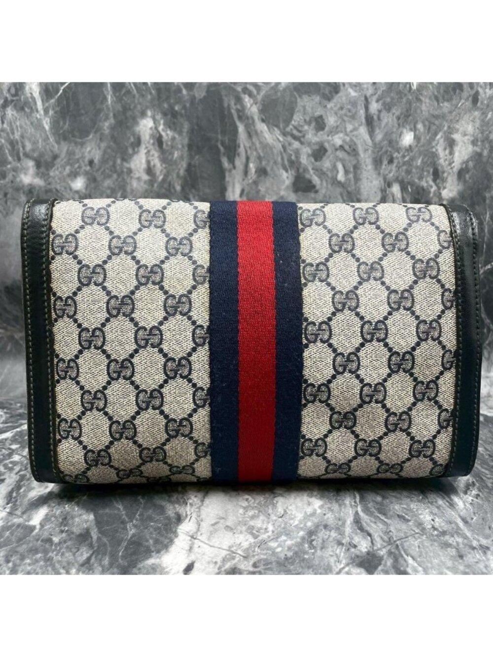 ★SOLD★ Gucci GG Sherry Line Clutch Navy Logo Leather - Picture 3 of 10